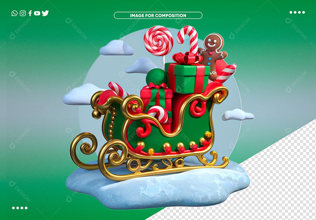 Elemento 3D Trenó do Papai Noel para Composição PSD