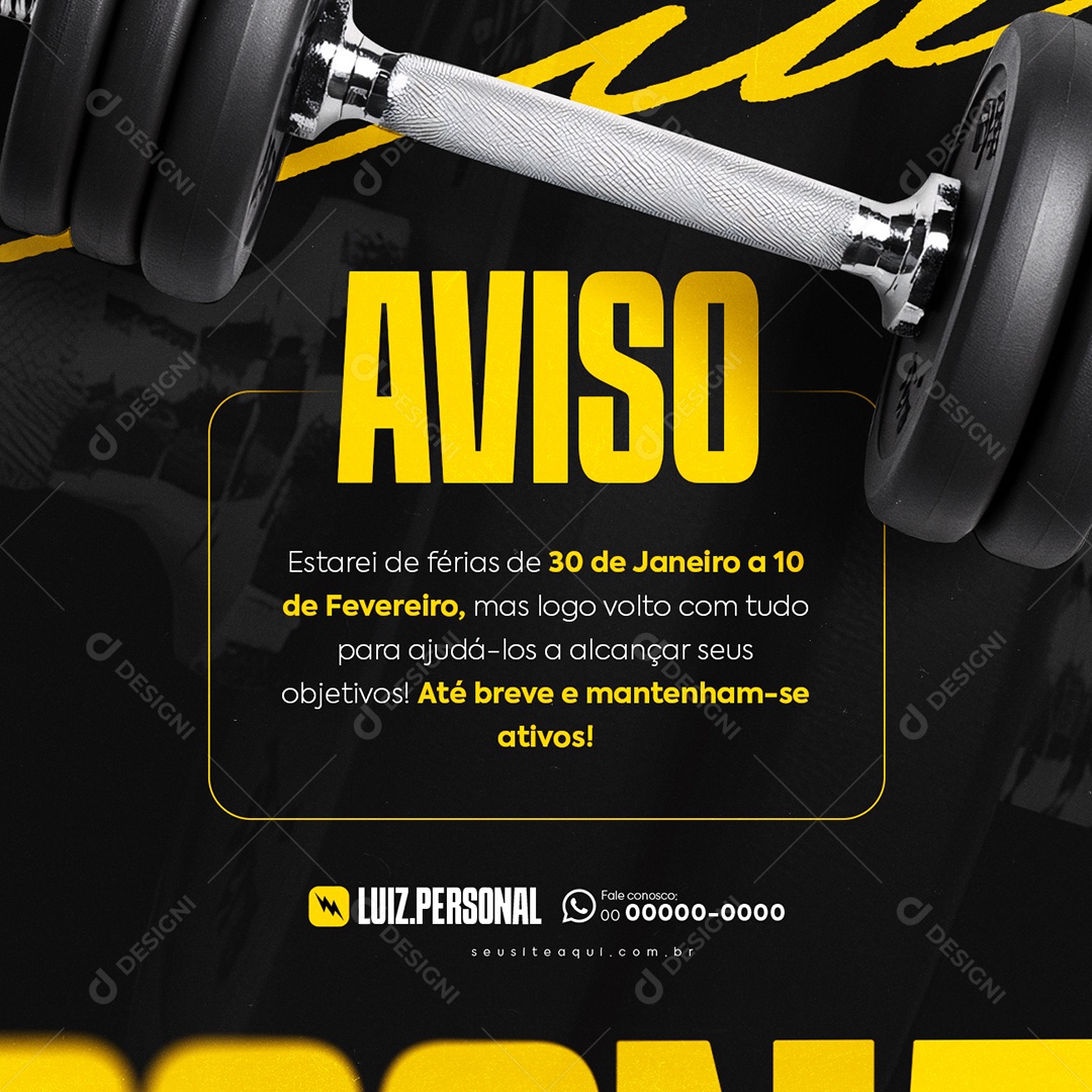 Personal Trainer Academia Aviso Estarei de Férias Social Media PSD Editável