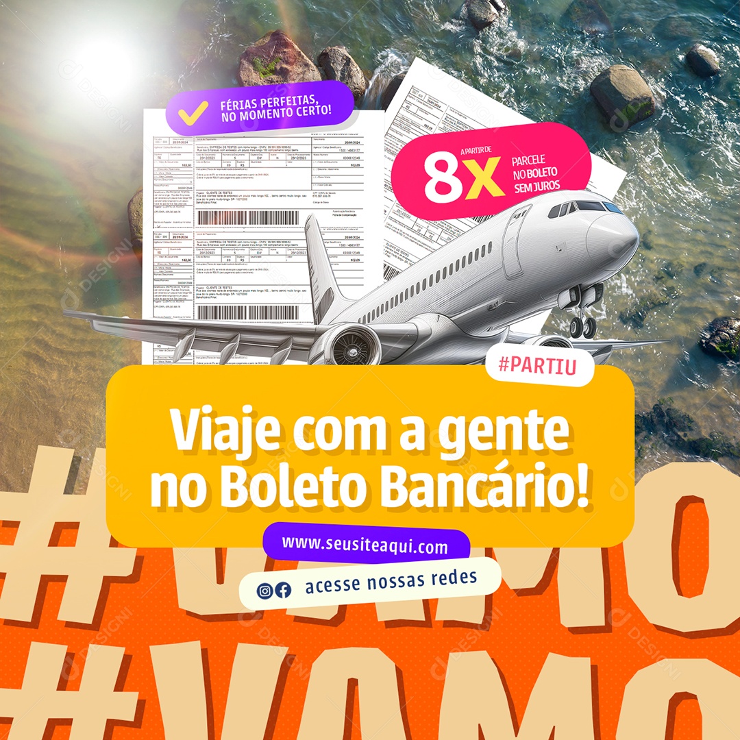 Turismo Viaje Com a Gente no Boleto Bancário Social Media PSD Editável