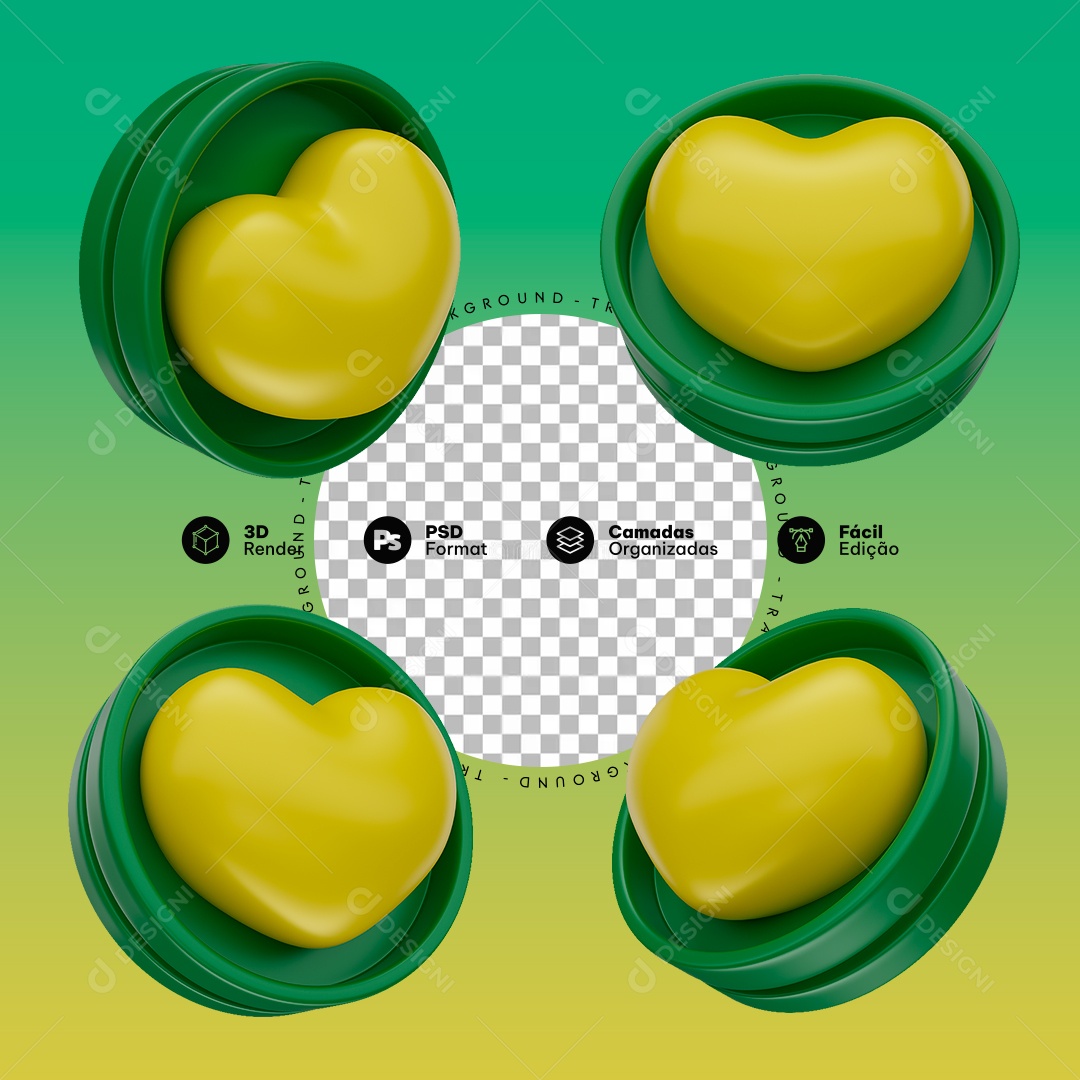 Emoji de Coração Elemento 3D Amarelo e Verde para Composição PSD