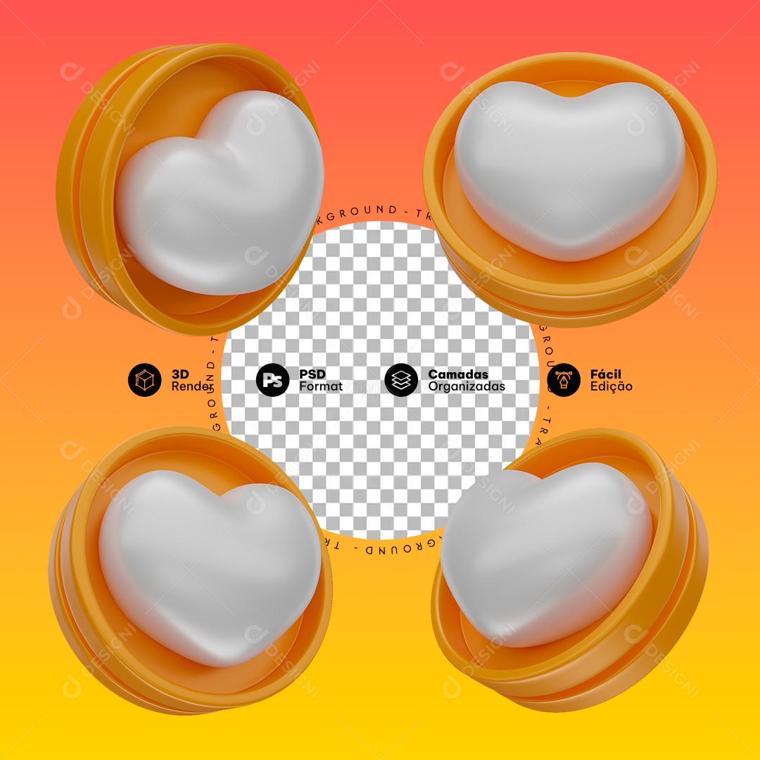 Emoji de Coração Elemento 3D Laranja e Branco para Composição PSD