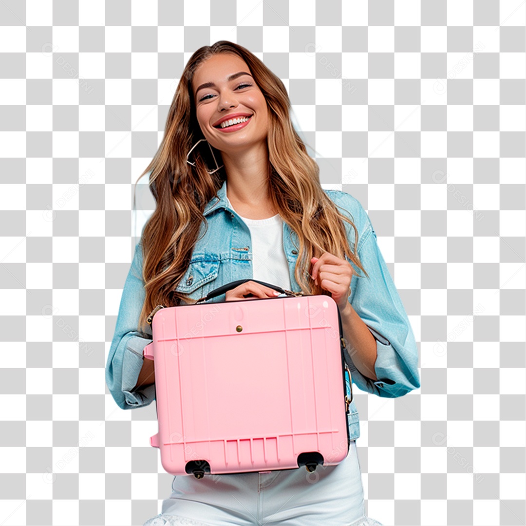 Mulher com Mala Rosa PNG Transparente