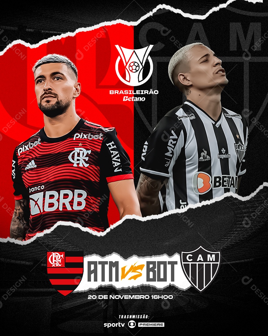 Feed Flyer Futebol Brasileirão Flamengo X  Atlético Mineiro Social Media PSD Editável