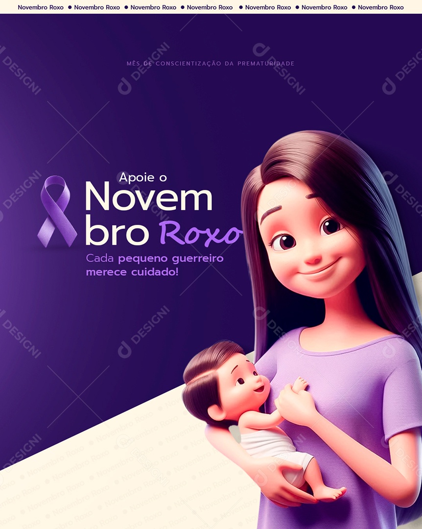 Novembro Roxo Mês de Conscientização Sobre a Prematuridade Social Media PSD Editável