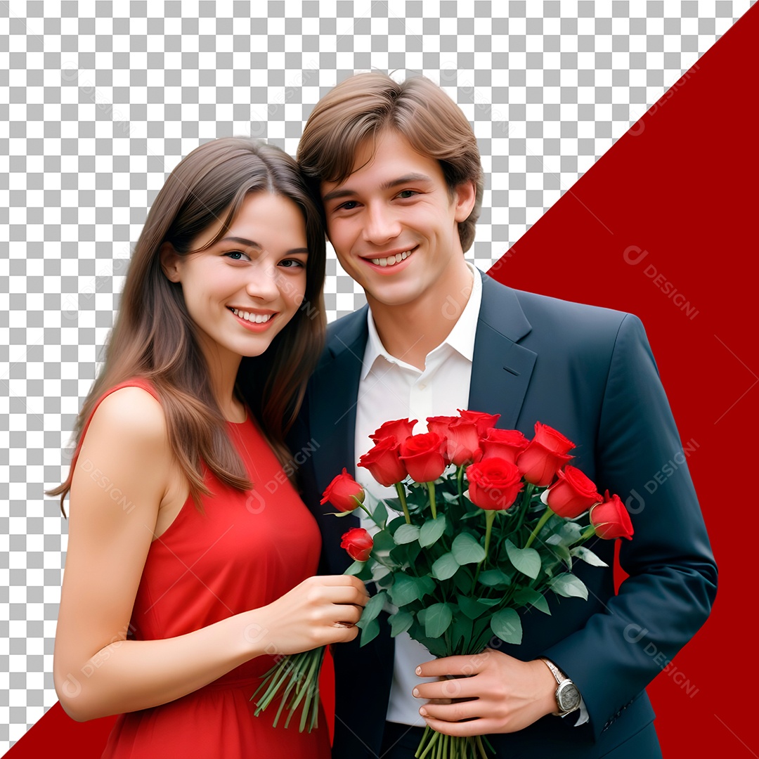 Casal de Namorados Apaixonados Segurando Buquê Para Composição PSD