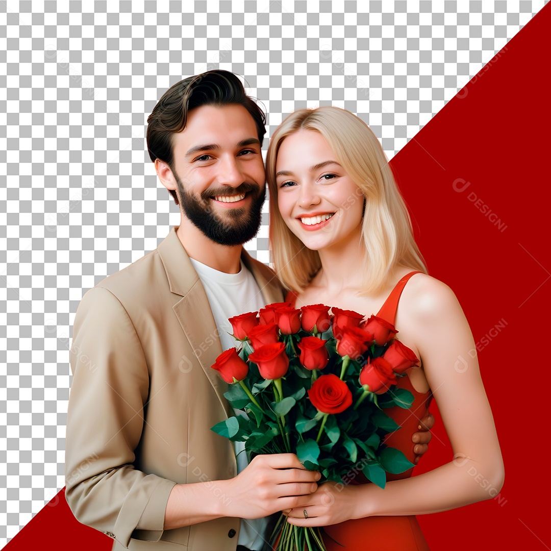 Casal de Namorados Apaixonados Segurando Buquê de Flores Para Composição PSD