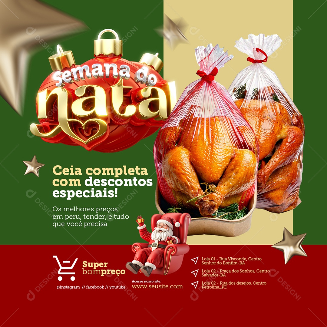 Semana do Natal Supermercado Ceias Completa com Descontos Especiais Social Media PSD Editável