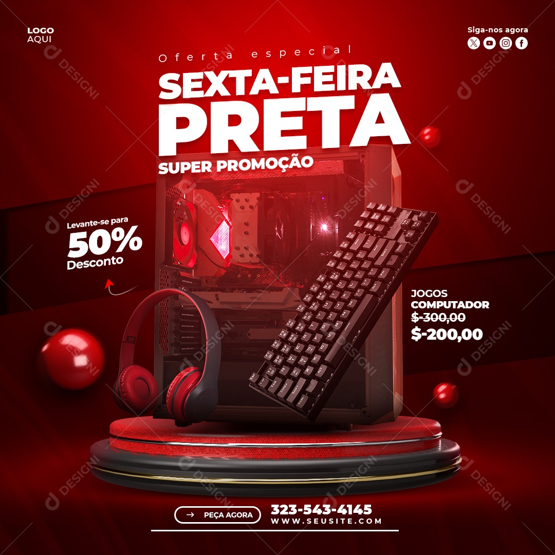 Sexta Feira Preta Loja de Eletrónicos Fone Teclado PC Social Media PSD Editável