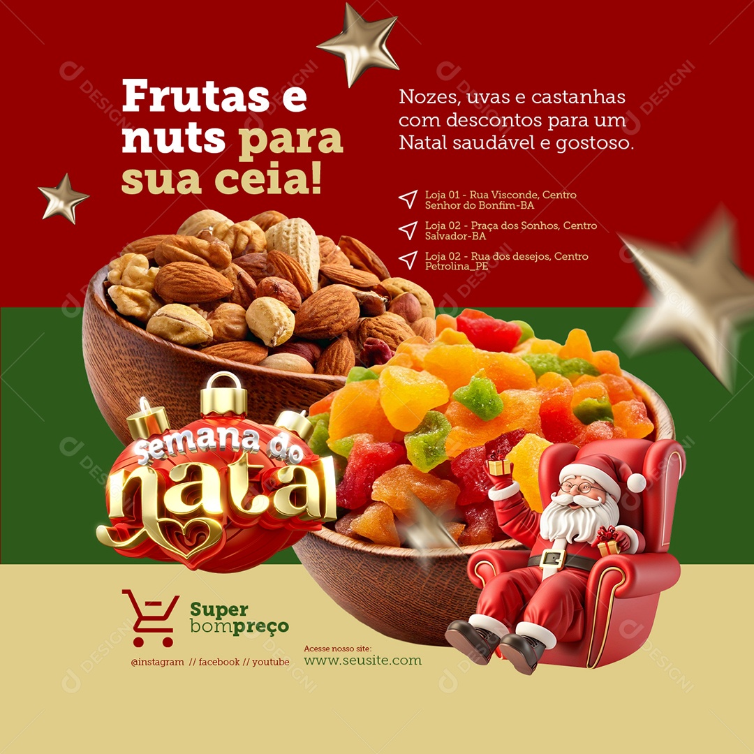 Semana do Natal Supermercado Frutas e Nuts para Sua Ceia Social Media PSD Editável