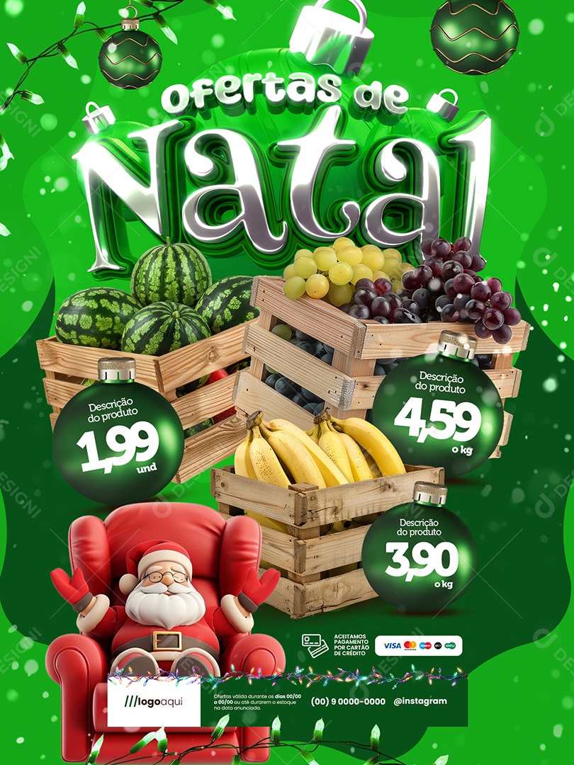 Ofertas de Natal Hortifruti Encarte Melancia Uvas Social Media PSD Editável