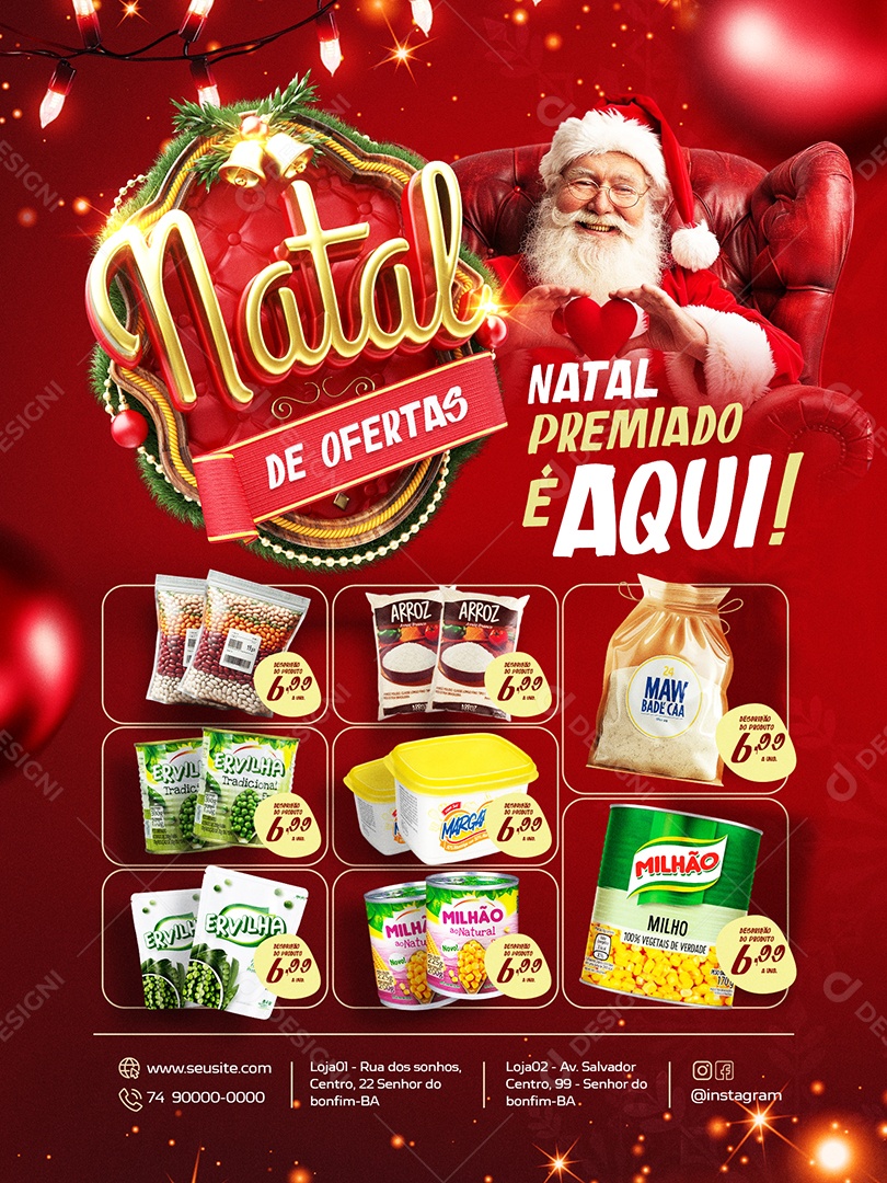 Tabloide Natal de Ofertas Supermercado Natal Premiado é Aqui Social Media PSD Editável