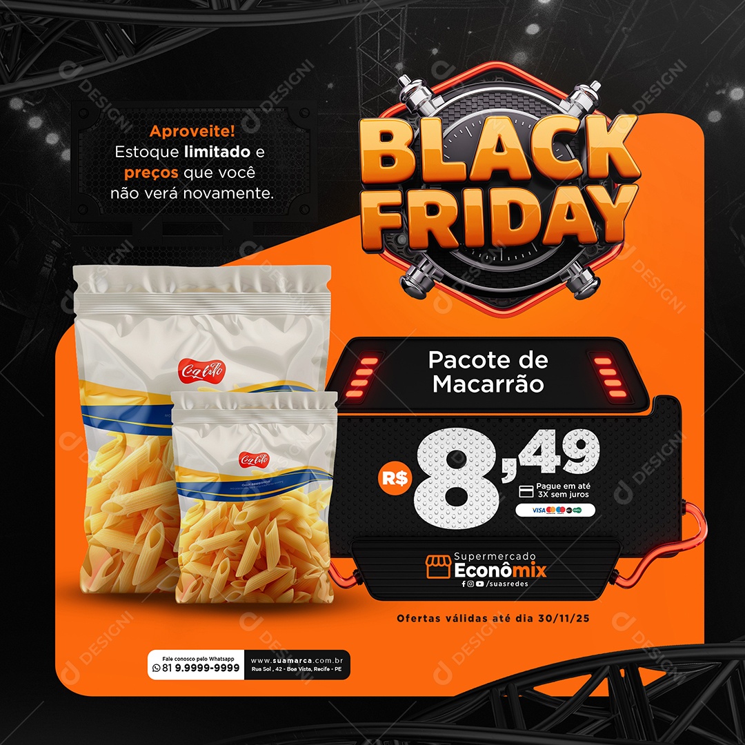 Black Friday Supermercado Pacote de Macarrão Social Media PSD Editável