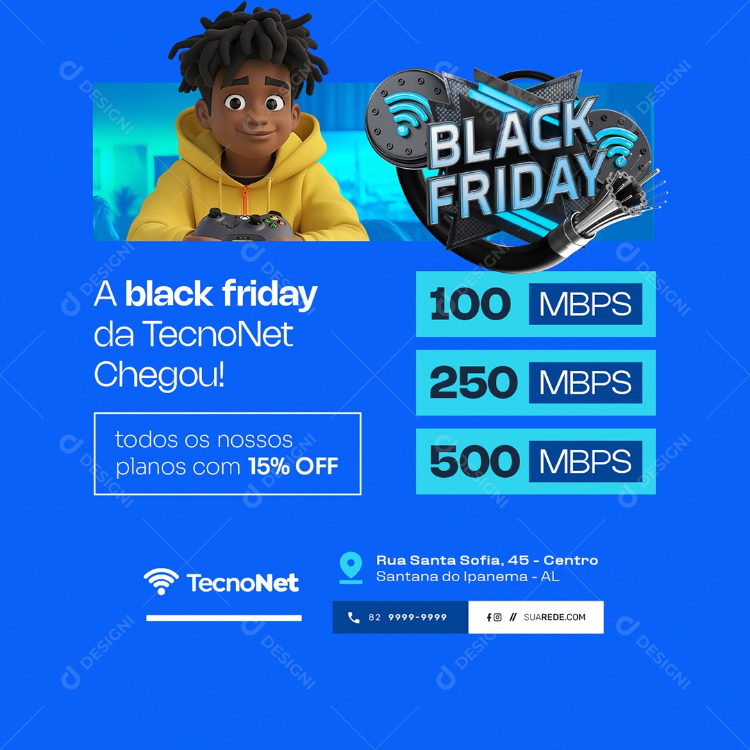 Provedor de Internet Black Friday Todos os Nossos Planos com 15% Off Social Media PSD Editável