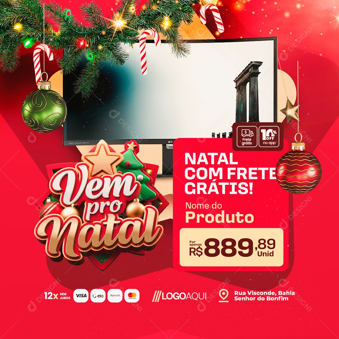 Loja de Informática Vem Pro Natal Monitor Natal com Frete Grátis Social Media PSD Editável