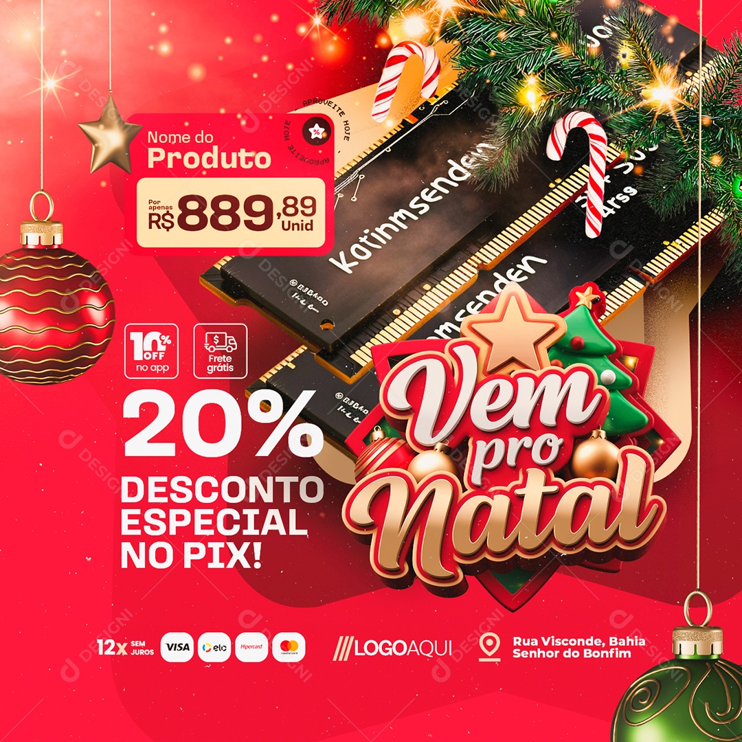 Loja de Informática Vem Pro Natal Memória Ram 20% Desconto Social Media PSD Editável