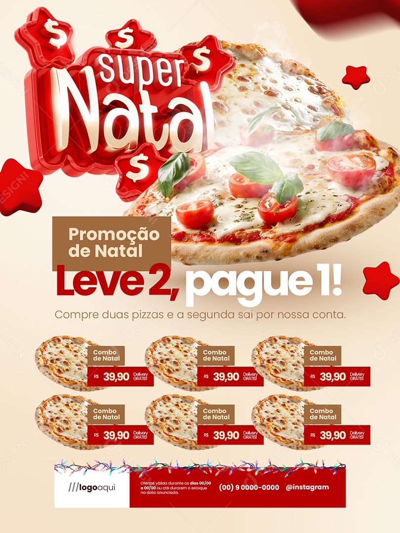 Super Natal Pizzaria Encarte Promoção de Natal Leve Duas Pague Uma Social Media PSD Editável