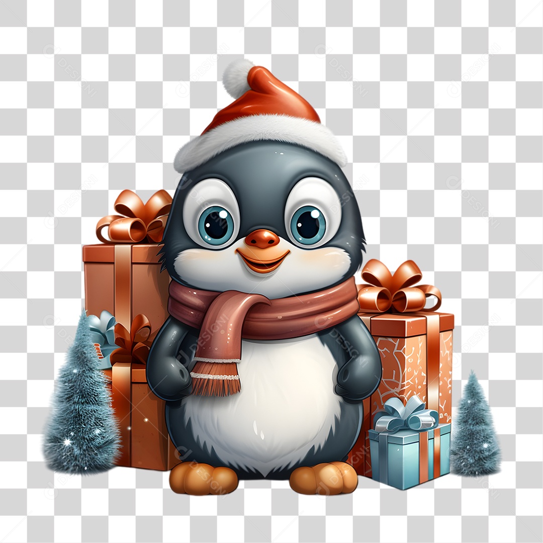 Pinguim com Caixas de Presentes PNG Transparente