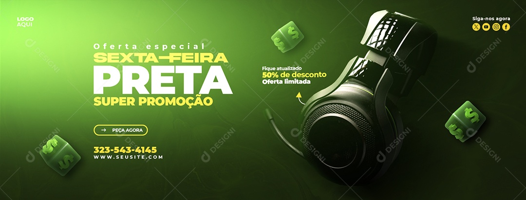 Banner Sexta Feira Preta Loja de Eletrónicos Fone Oferta Limitada Social Media PSD Editável