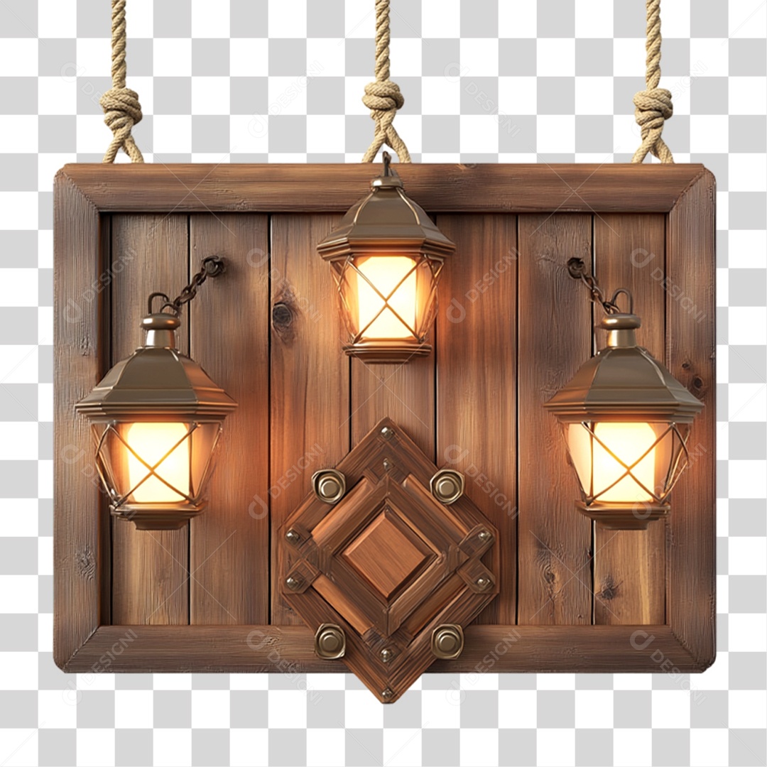 Elemento 3D Placa de Madeira com Luzes Lâmpadas PNG Transparente