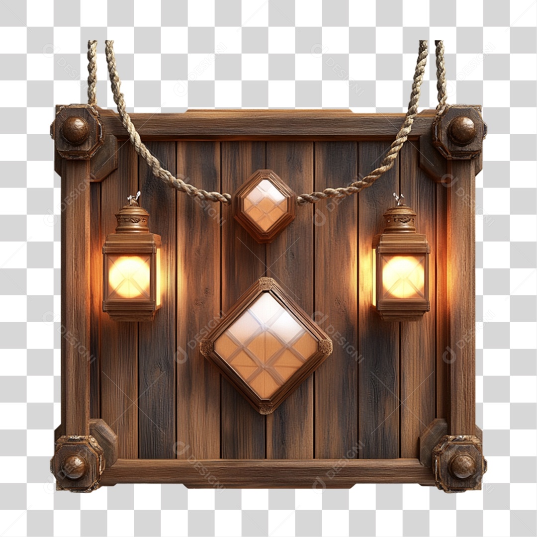 Elemento 3D Placa de Madeira com Luzes Lâmpadas PNG Transparente