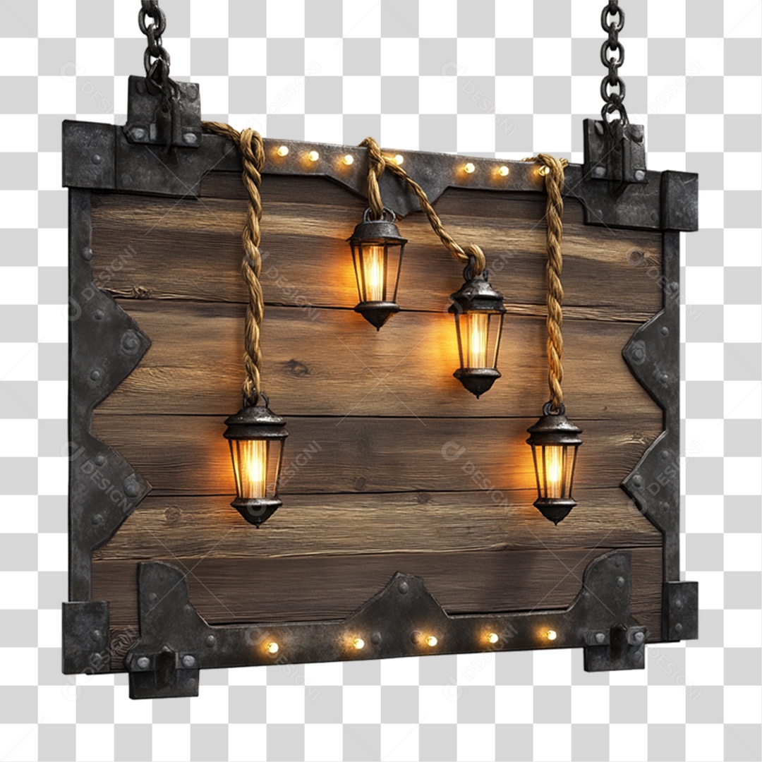 Elemento 3D Placa de Madeira com Luzes Lâmpadas PNG Transparente
