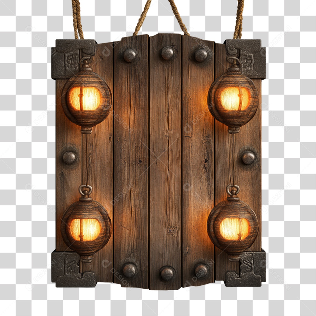 Elemento 3D Placa de Madeira com Luzes Lâmpadas PNG Transparente