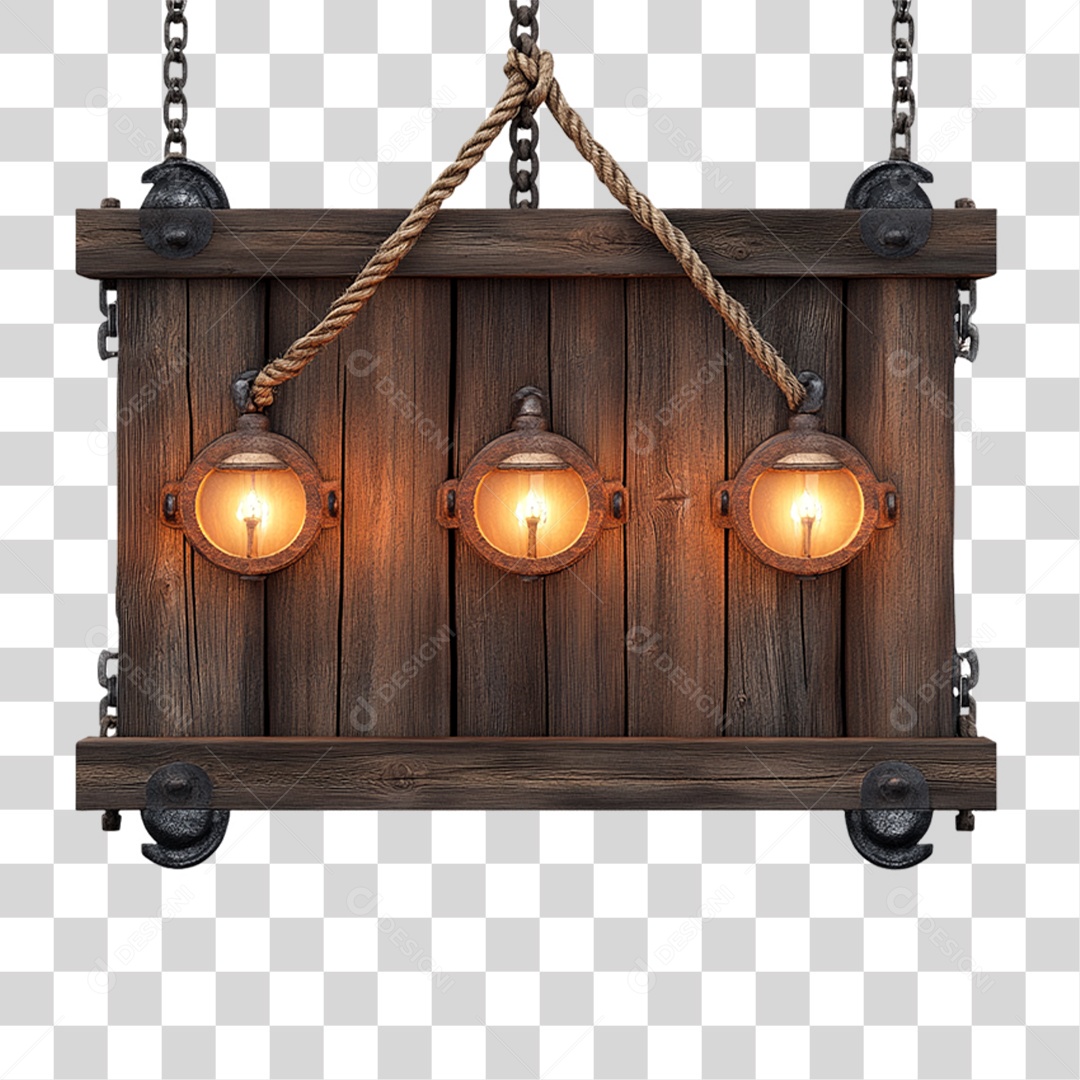 Elemento 3D Placa de Madeira com Luzes Lâmpadas PNG Transparente