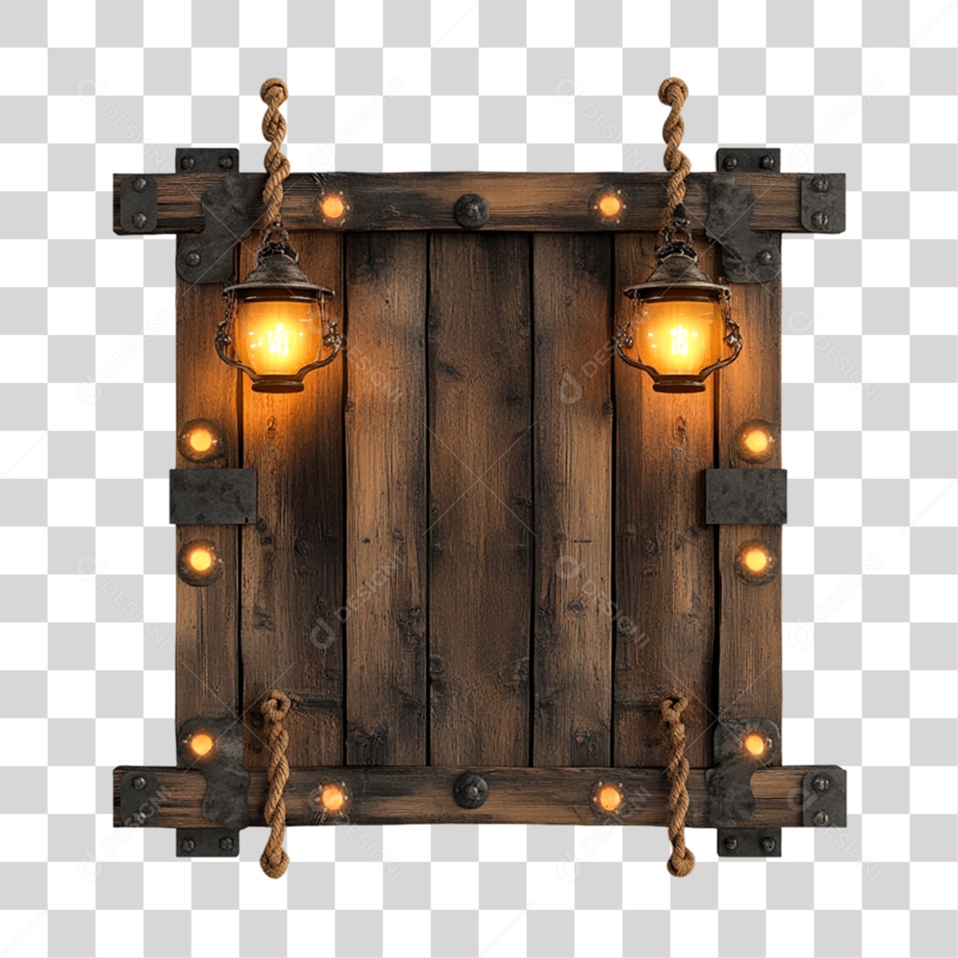 Elemento 3D Placa de Madeira com Luzes Lâmpadas PNG Transparente