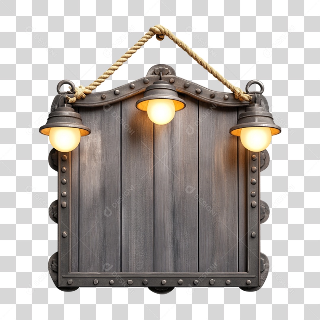Elemento 3D Placa de Madeira com Luzes Lâmpadas PNG Transparente