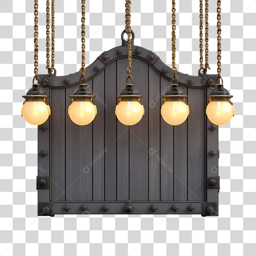 Elemento 3D Placa de Madeira com Luzes Lâmpadas PNG Transparente