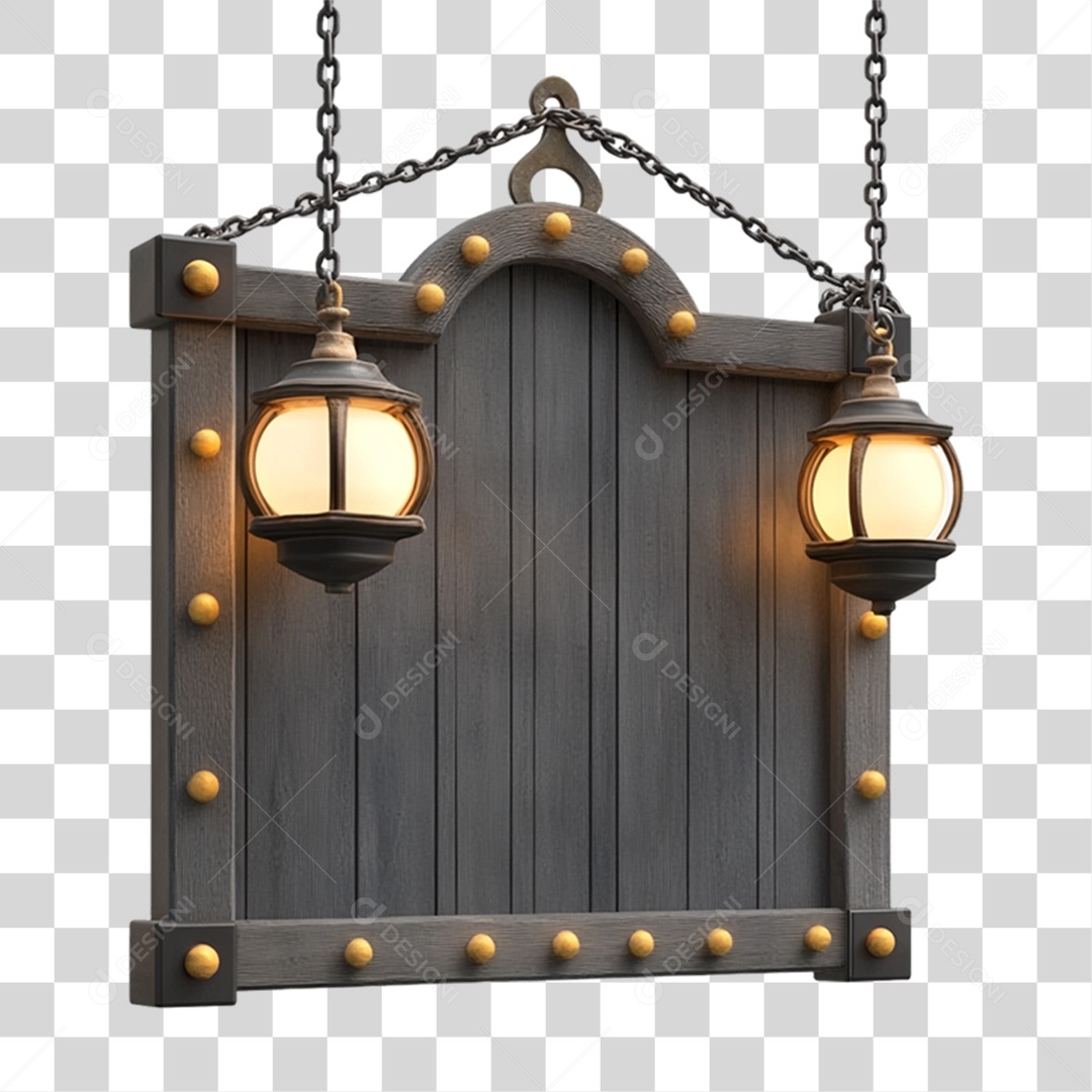 Elemento 3D Placa de Madeira com Luzes Lâmpadas PNG Transparente