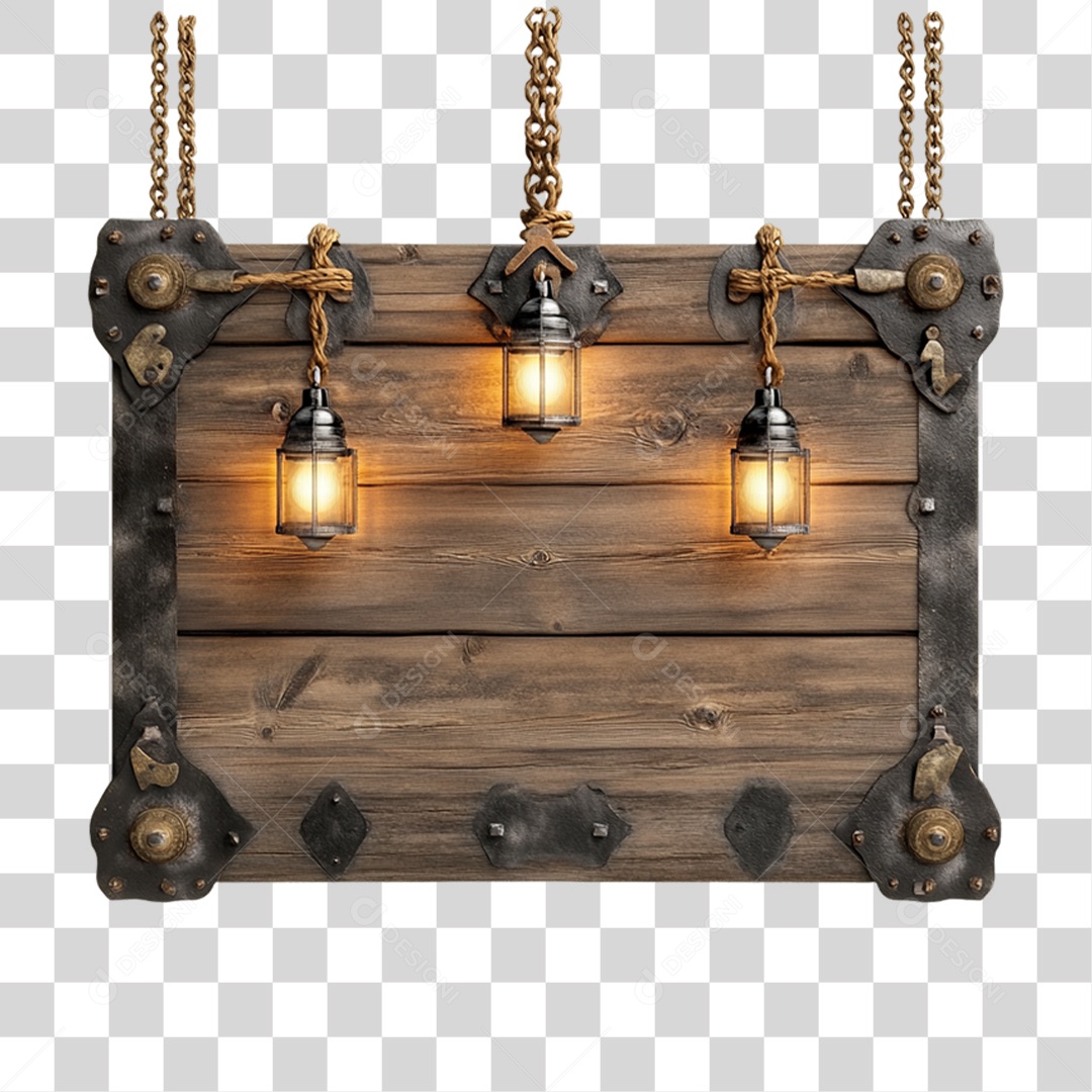 Elemento 3D Placa de Madeira com Luzes Lâmpadas PNG Transparente