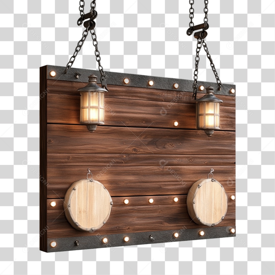 Elemento 3D Placa de Madeira com Luzes Lâmpadas PNG Transparente