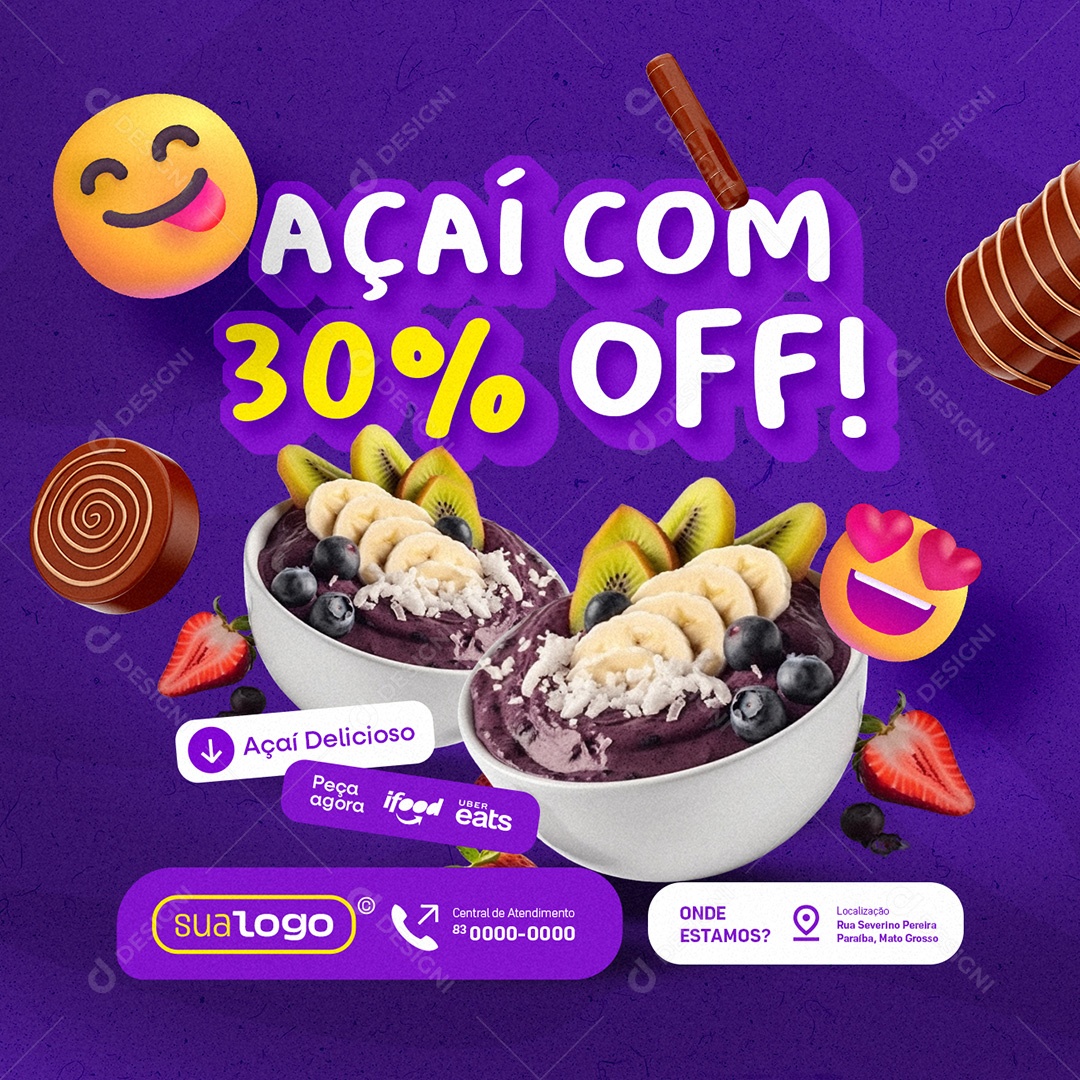 Açaiteria Açaí com 30% Off Açaí Delicioso Peça Agora Social Media PSD Editável