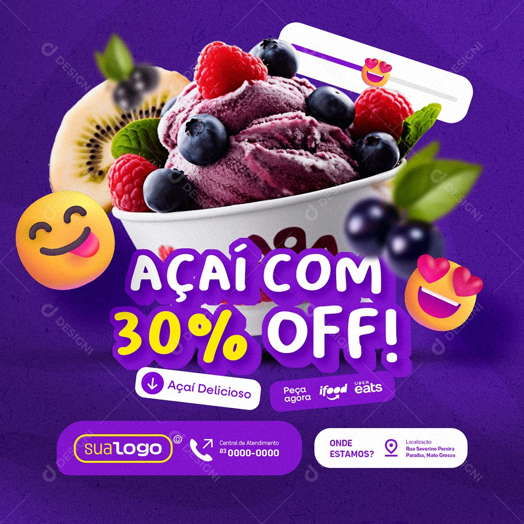 Açaiteria Açaí com 30% Off Açaí Delicioso Social Media PSD Editável