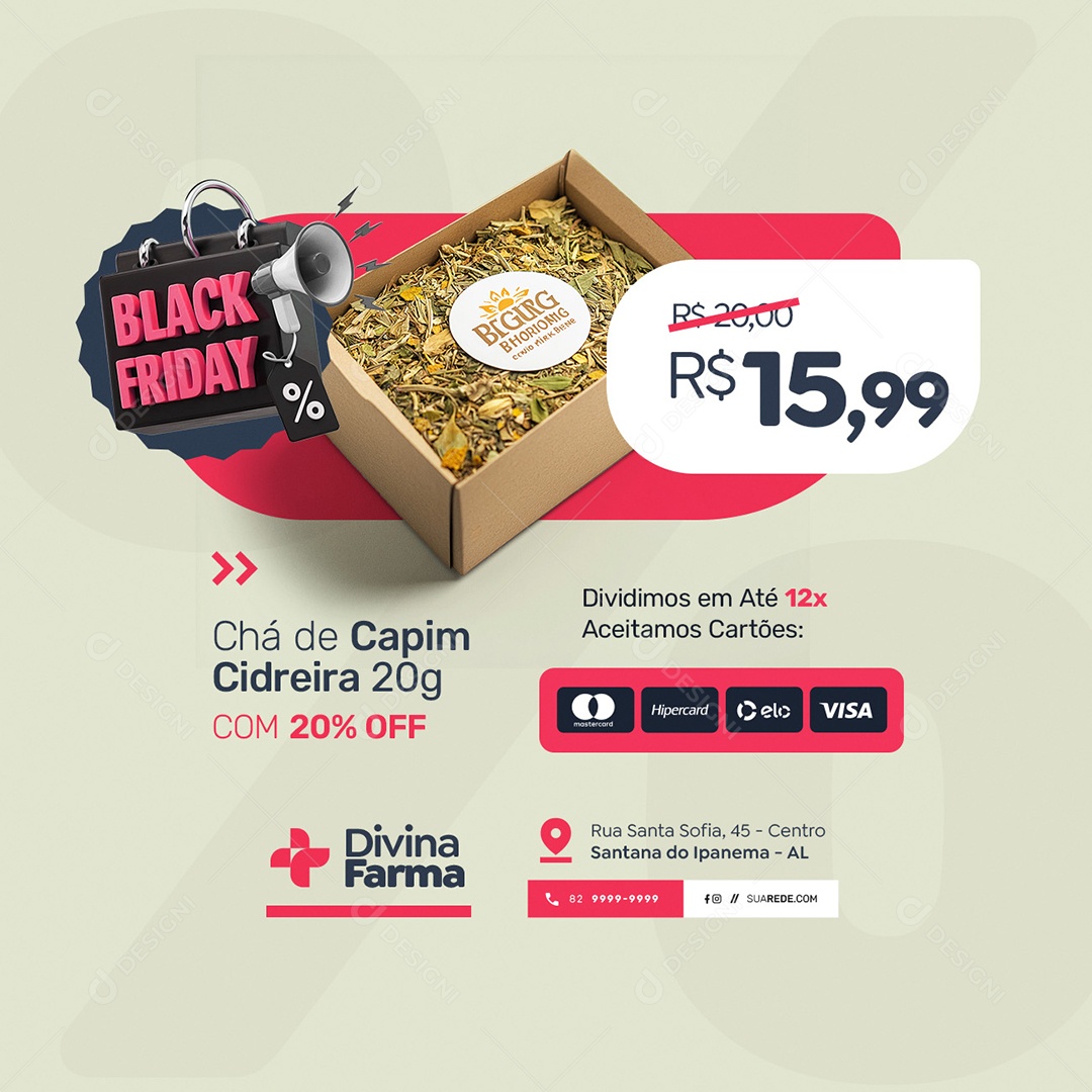Farmácia Black Friday Chá de Capim Cidreira 20g com 20% Off Social Media PSD Editável