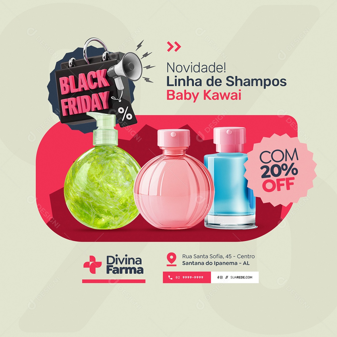 Farmácia Black Friday Novidade Linha de Shampos Baby Kawai Social Media PSD Editável