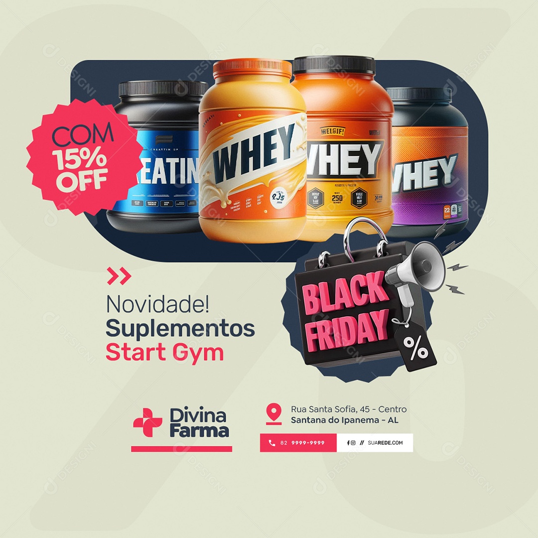 Farmácia Black Friday Whey Novidade Suplementos Social Media PSD Editável