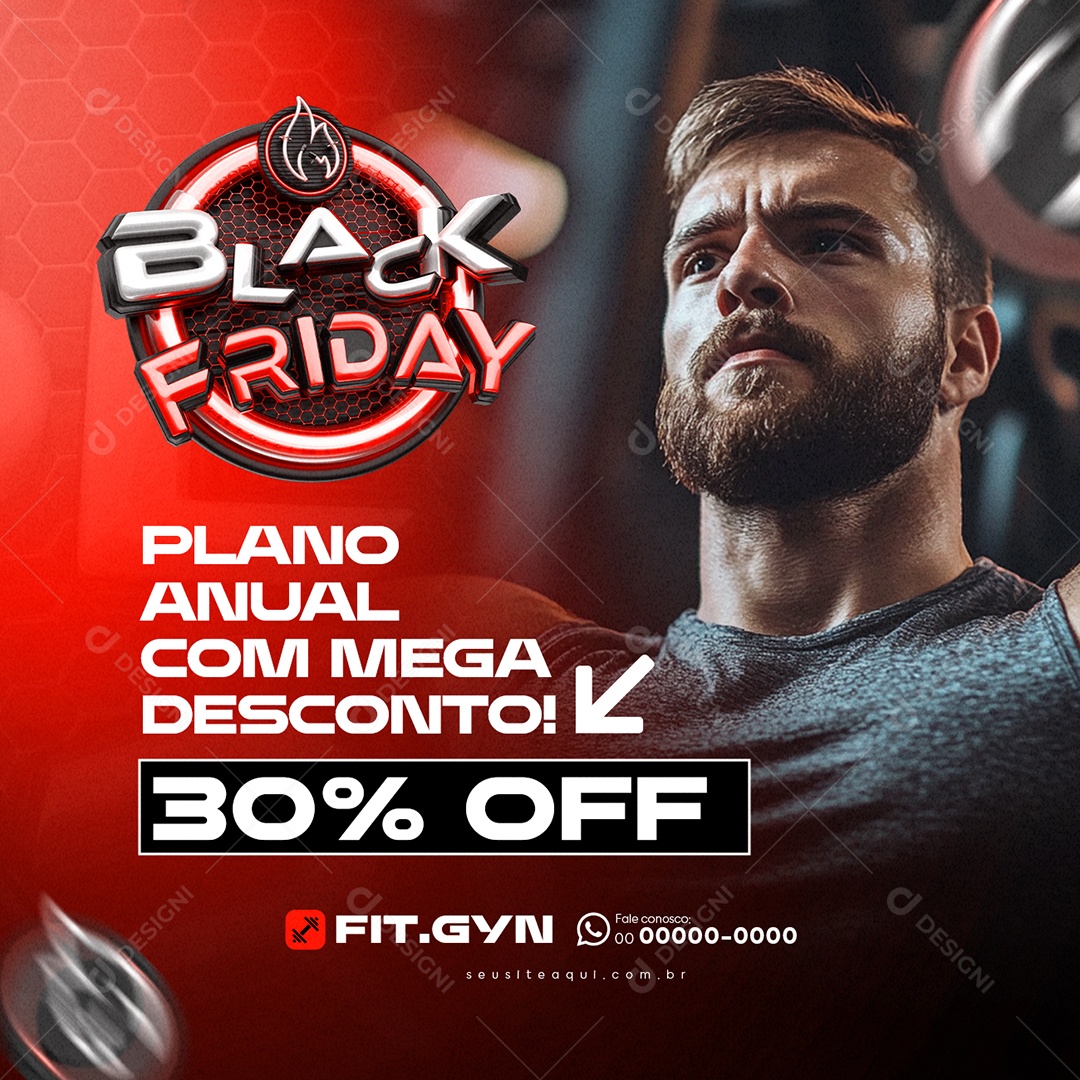 Academia Black Friday Plano Anual com Mega Desconto Social Media PSD Editável