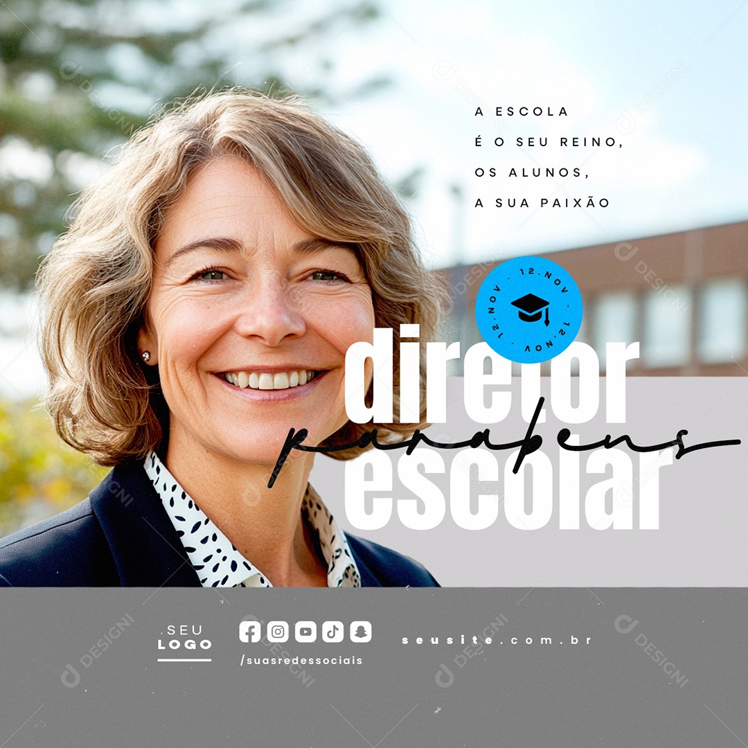 Dia do Diretor Escolar 12 de Novembro Parabéns Social Media PSD Editável