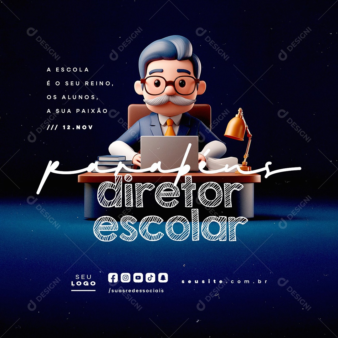Dia do Diretor Escolar 12 de Novembro Parabéns Social Media PSD Editável