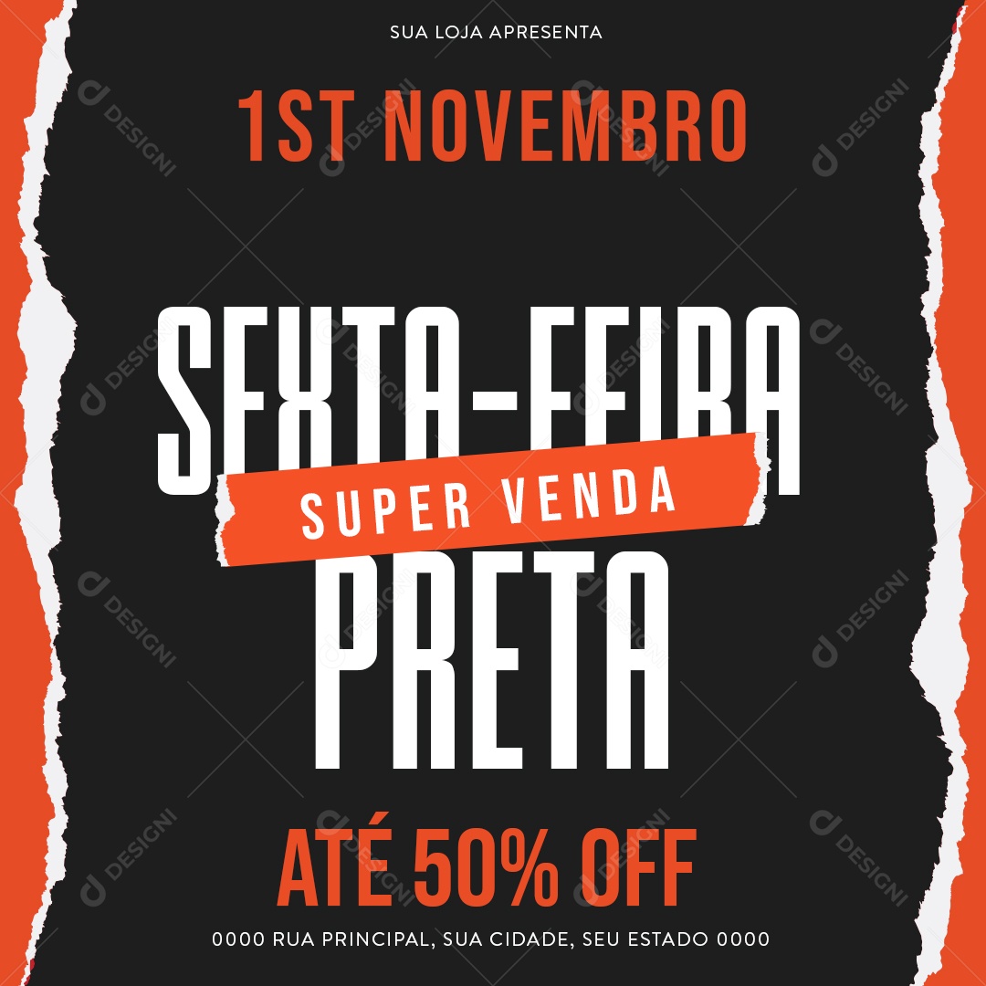 Social Media Sexta Feira Super Venda Preta Loja de Roupas até 50% Off PSD Editável