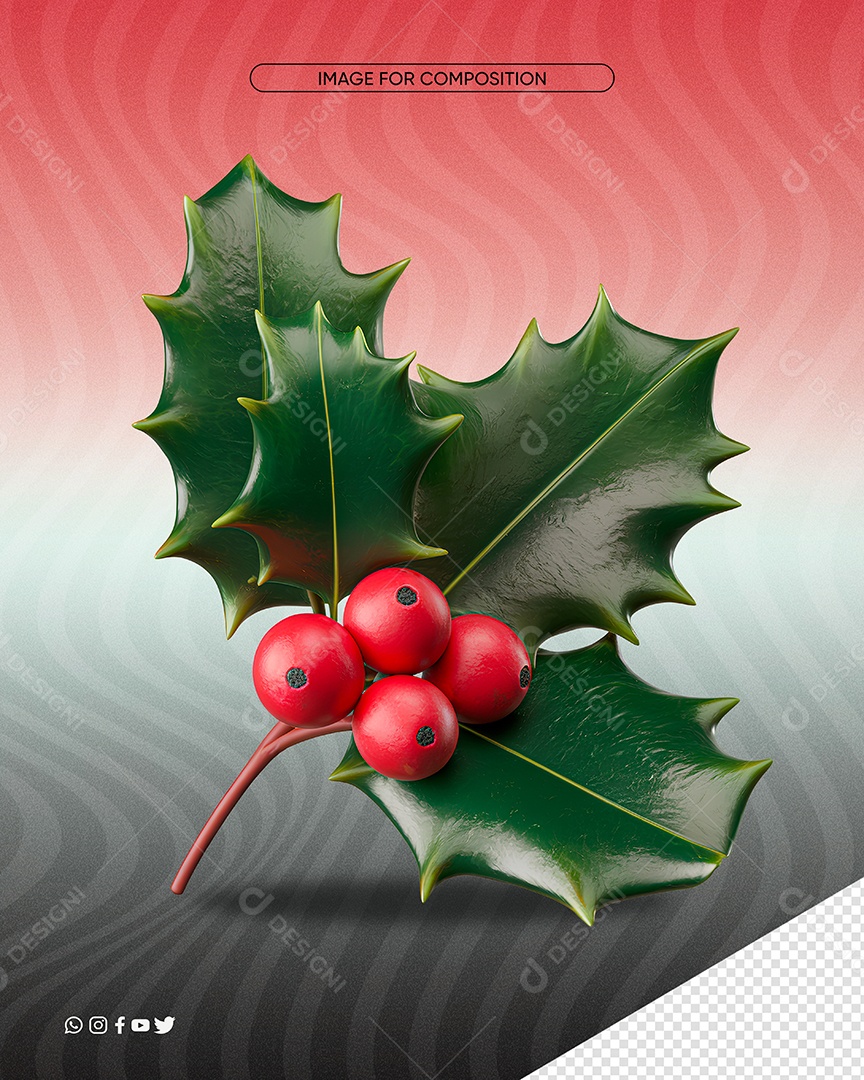 Elemento 3D Folha de Azevinnho de Natal para Composição PSD