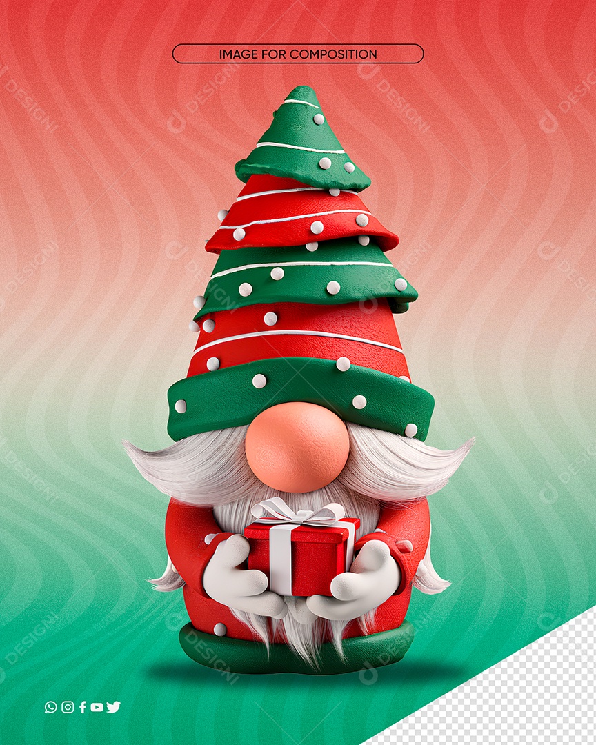 Personagem 3D Gnomo de Natal para Composição PSD