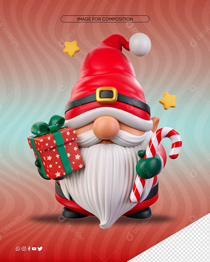 Personagem 3D Gnomo de Natal Segurando Presente para Composição PSD
