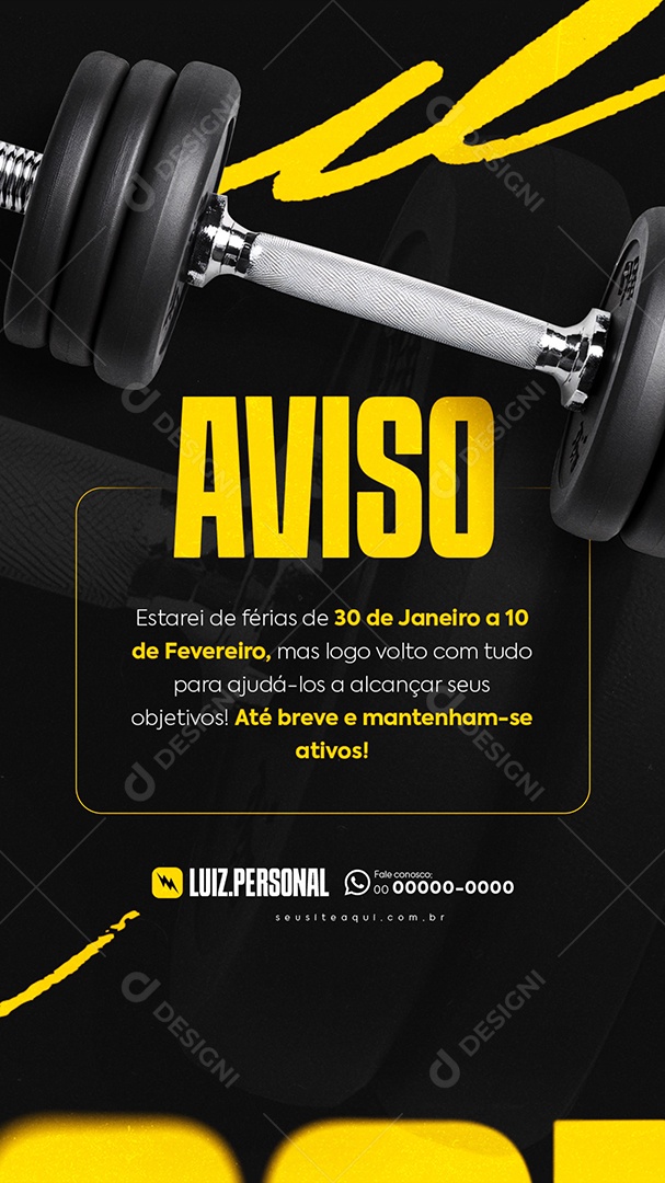 Story Personal Trainer Academia Aviso Estarei de Férias Social Media PSD Editável