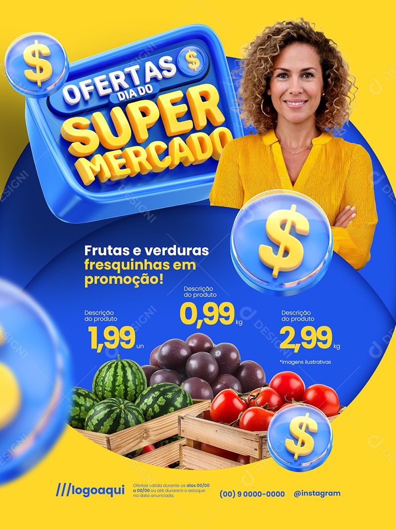 Ofertas Dia do Supermercado Encarte Frutas e Verduras Fresquinhas Hortifruti Social Media PSD Editável