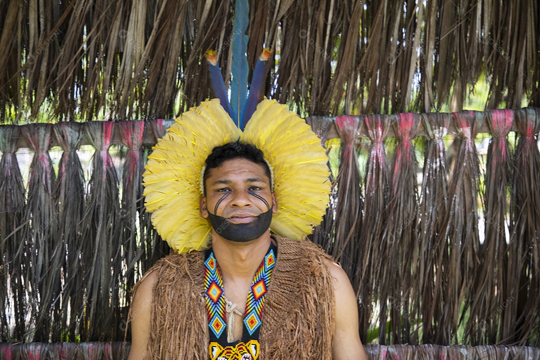 Jovem indio com trajes da aldeia