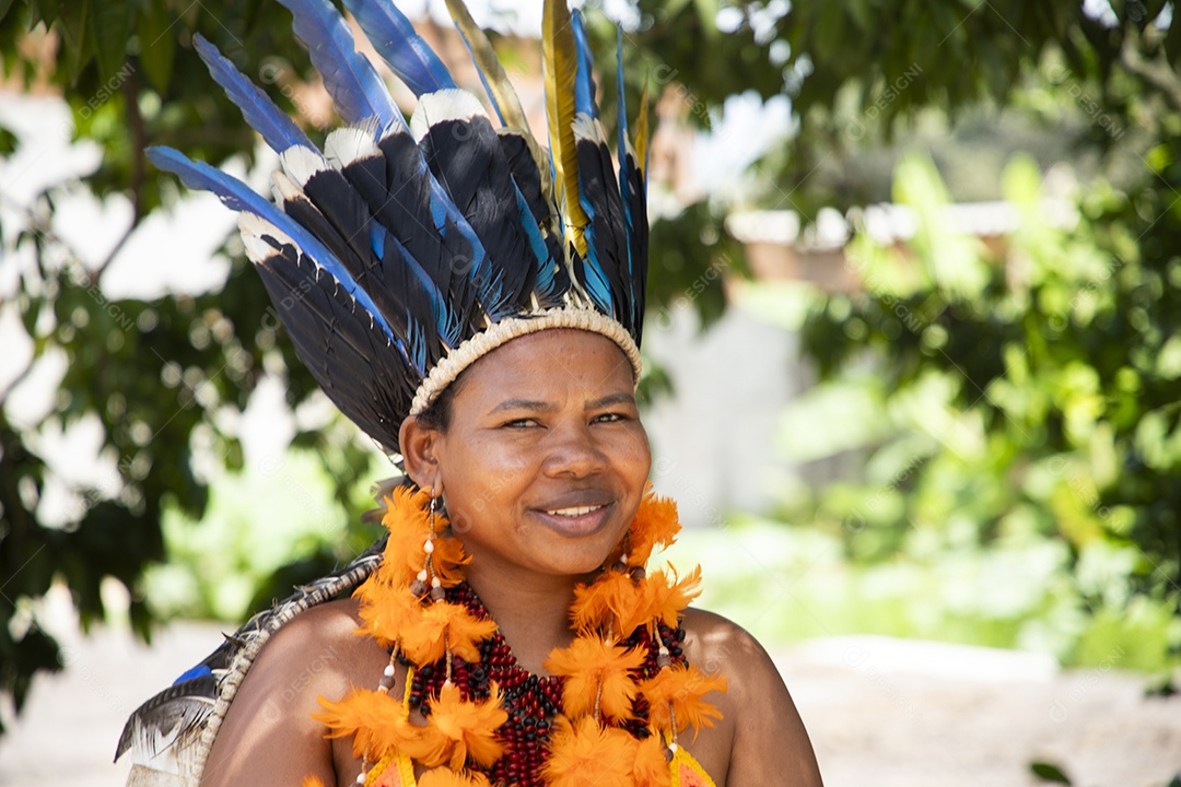 Mulher com cocar na cabeça indígena