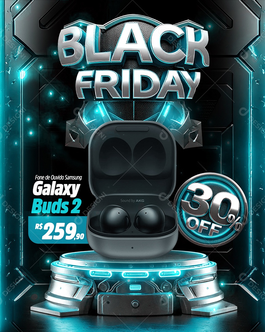 Black Friday Loja de Eletrônicos Galaxy Buds 30% Off Social Media PSD Editável